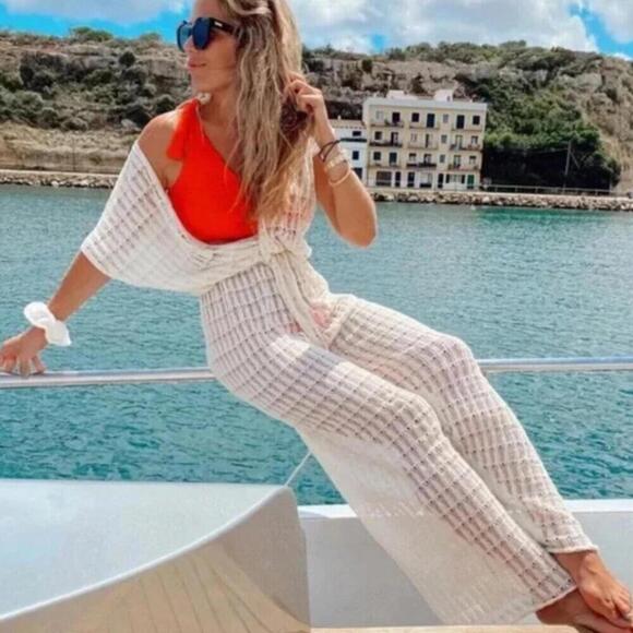 Zara Limited Edition Cream Pointelle Flowy Knit Jumpsuit Size L - Picture 2 of 10